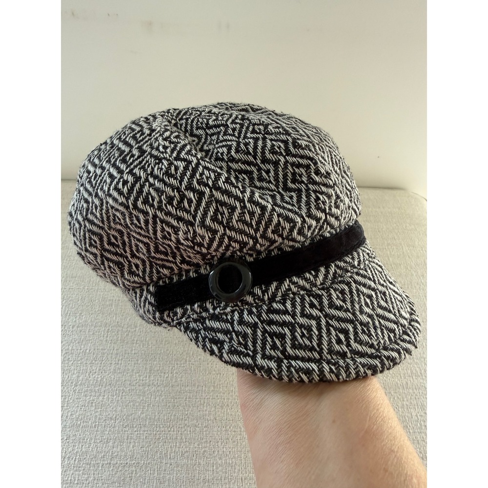 Nine West Tweed Wool Blend Newsboy Cabbie Hat Black/White Gray Geometric Lined